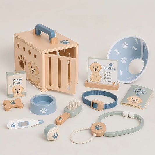 Puppy Vet Playset for Kids – Wooden Pet Carrier & Pretend Veterinary Kit