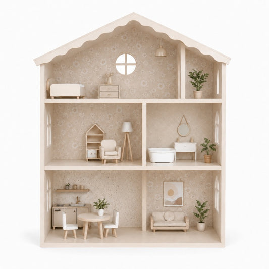 Neutral Wooden Dollhouse for Kids – 3-Story Furnished Scandinavian Pretend Play House