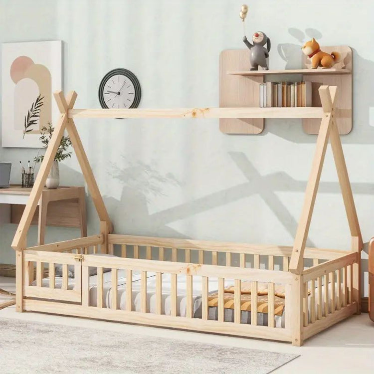 Montessori Wooden Floor Bed with Tent Frame