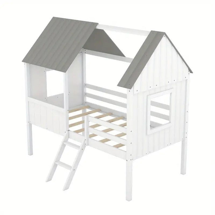 Wooden House Loft Bed with Ladder
