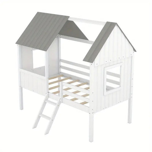 Wooden House Loft Bed with Ladder