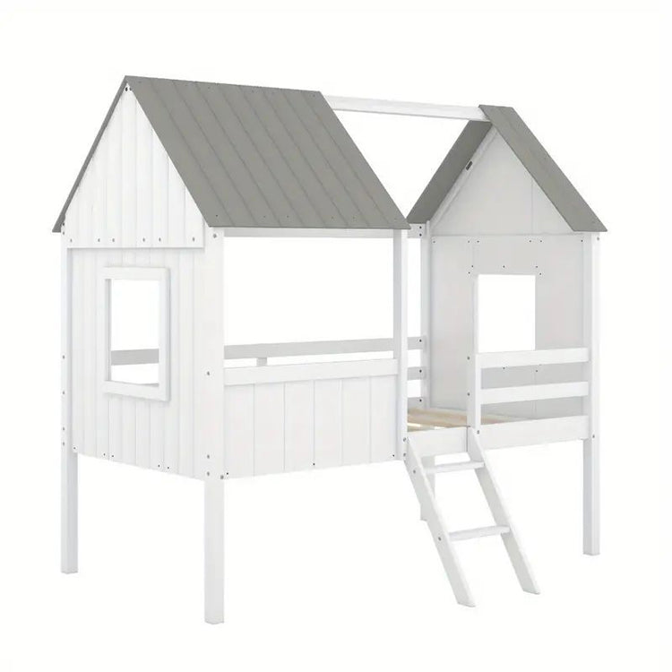 Wooden House Loft Bed with Ladder