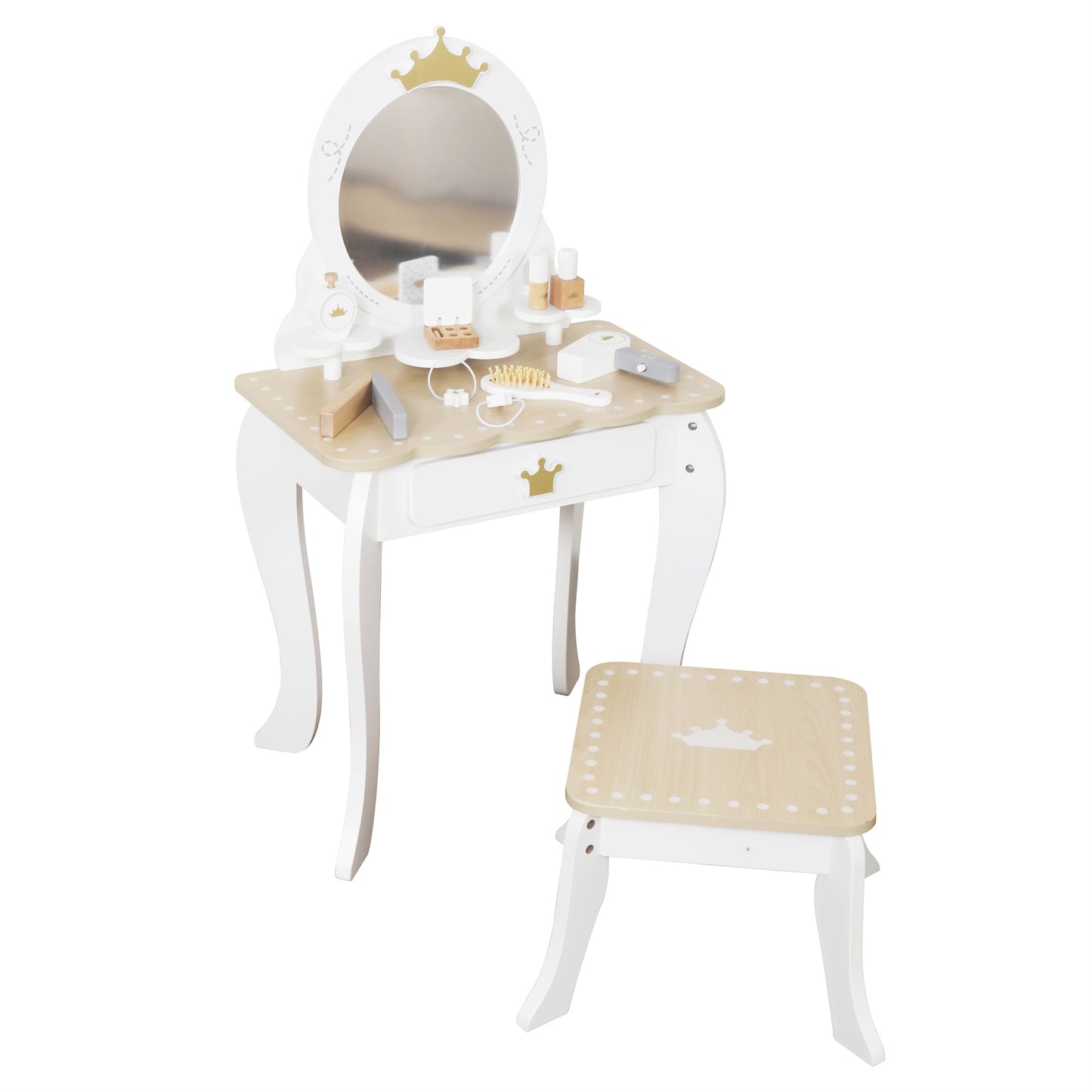 Custom Wooden Kids Dressing Table – Premium White Vanity Set with Crown Mirror