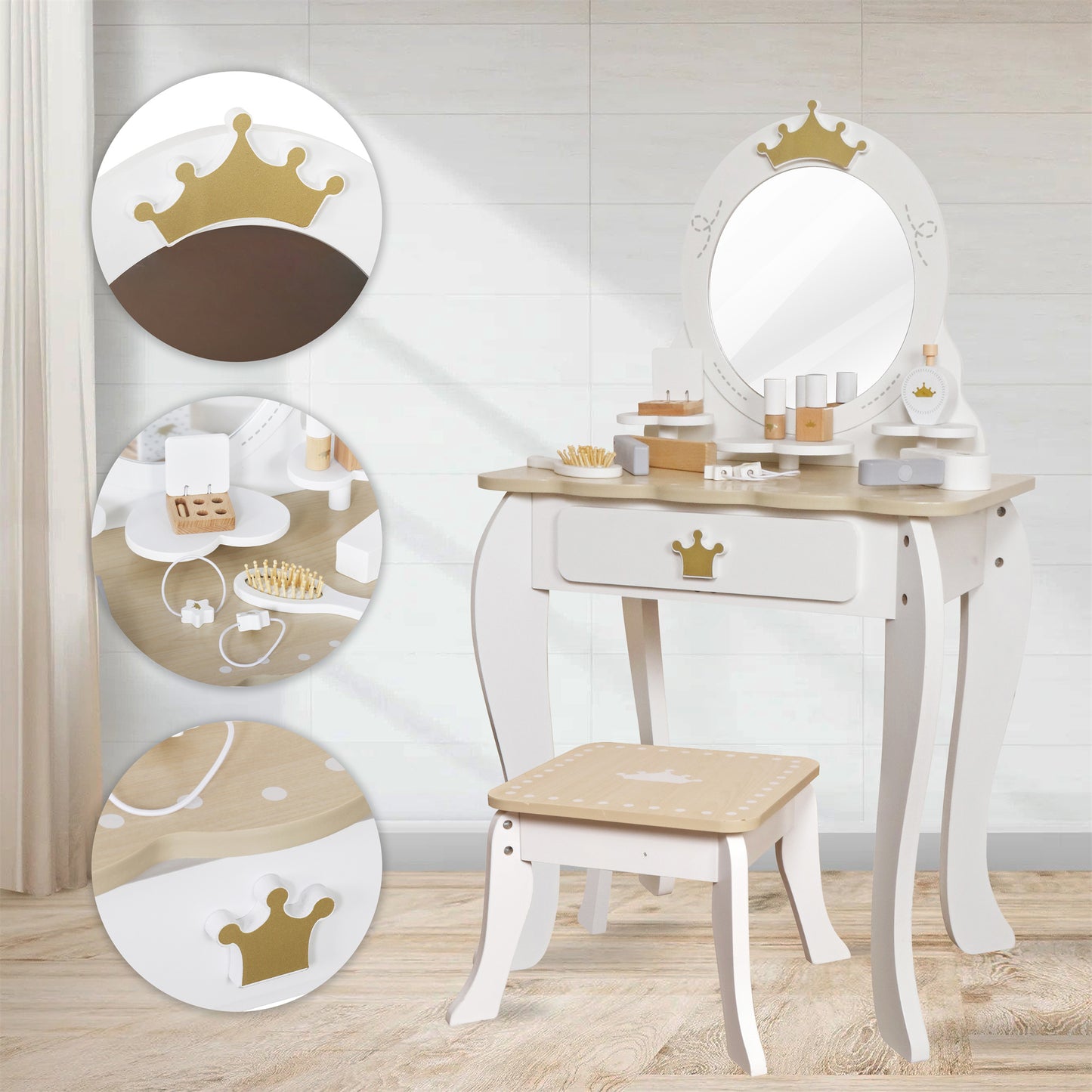 Custom Wooden Kids Dressing Table – Premium White Vanity Set with Crown Mirror