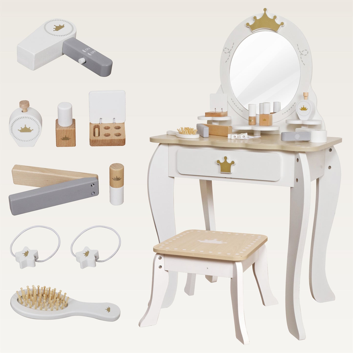 Custom Wooden Kids Dressing Table – Premium White Vanity Set with Crown Mirror