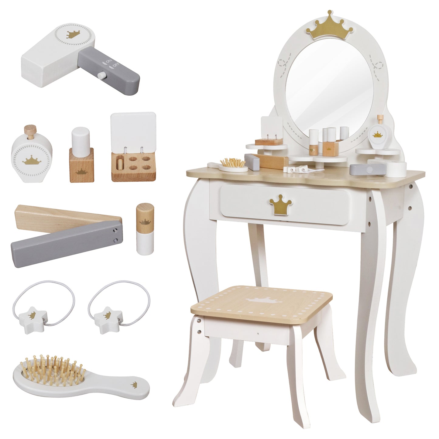 Custom Wooden Kids Dressing Table – Premium White Vanity Set with Crown Mirror
