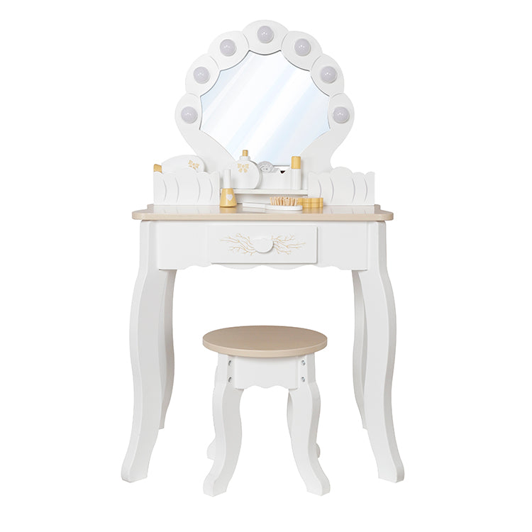 Montessori Kids Vanity Table with Mirror Lights & Stool | Princess Pretend Play Set