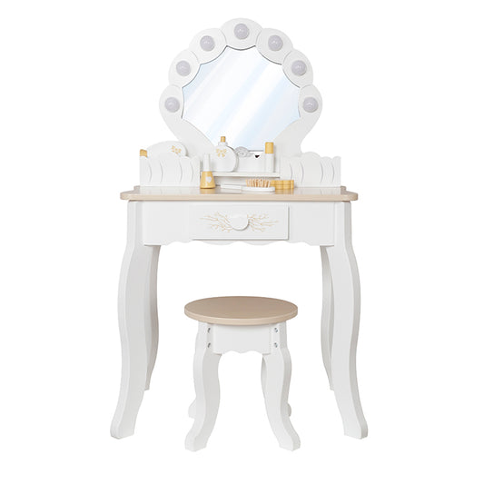 Montessori Kids Vanity Table with Mirror Lights & Stool | Princess Pretend Play Set