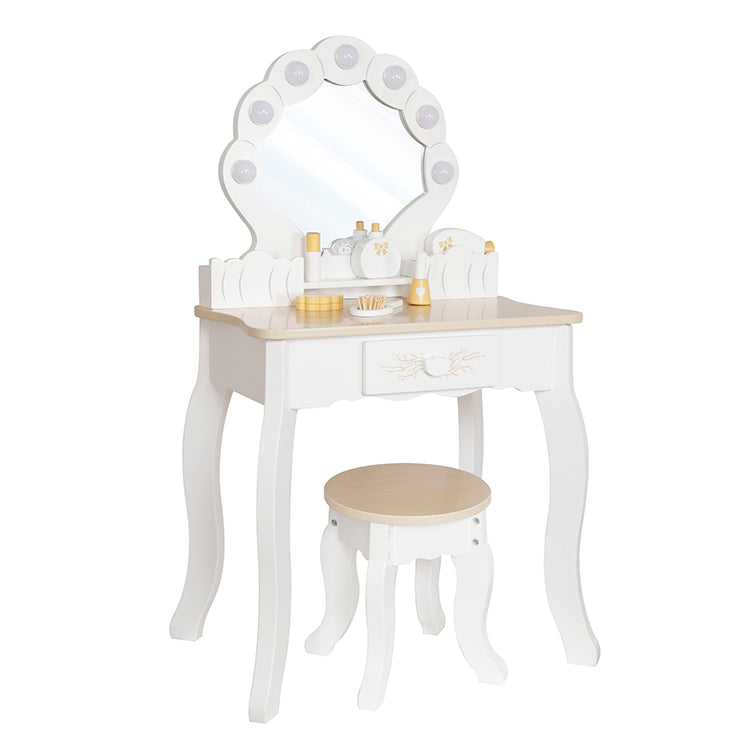 Montessori Kids Vanity Table with Mirror Lights & Stool | Princess Pretend Play Set