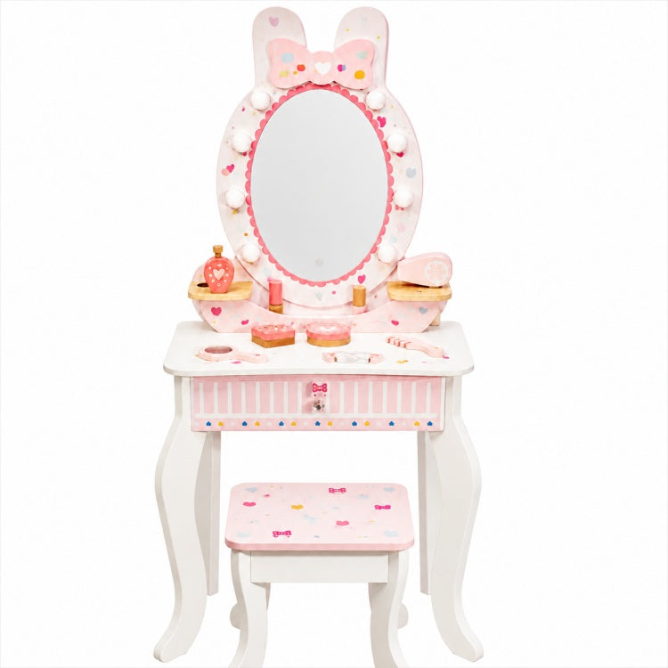 Kids Wooden Vanity Table with Mirror & Stool – Pretend Makeup Dressing Set
