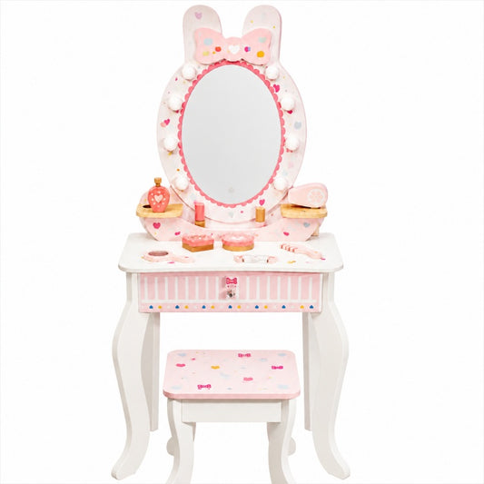 Kids Wooden Vanity Table with Mirror & Stool – Pretend Makeup Dressing Set