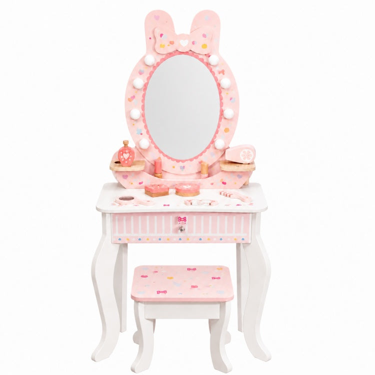Kids Wooden Vanity Table with Mirror & Stool – Pretend Makeup Dressing Set