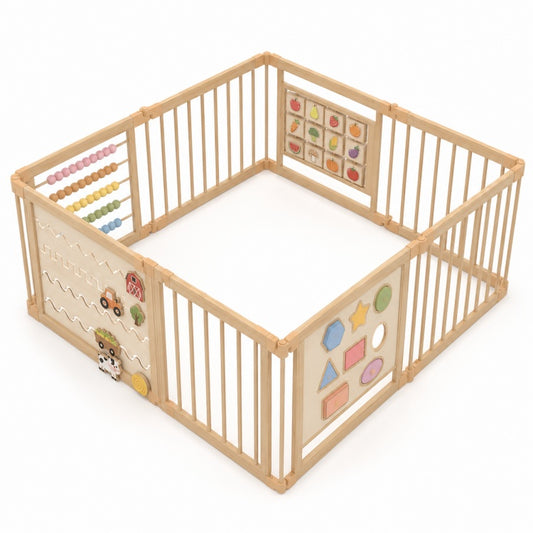 Natural Wood Multi-Sided Activity Play Pen with Educational Activity Panels