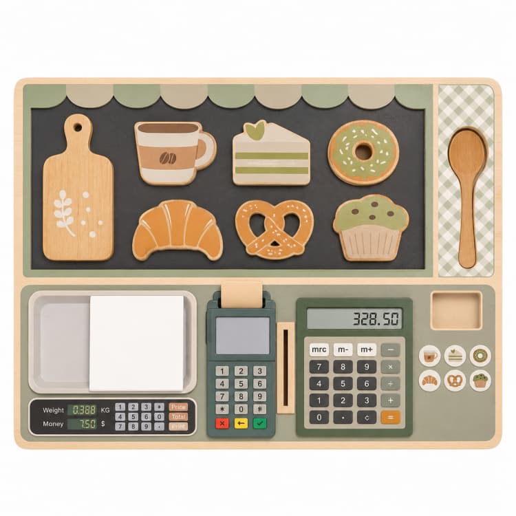 Neutral Sage Wooden Coffee Shop Cash Register Pretend Play Toy