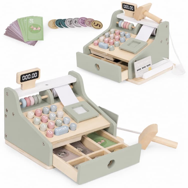 Green Wooden Pretend Play Cash Register Toy with Play Money & Scanner
