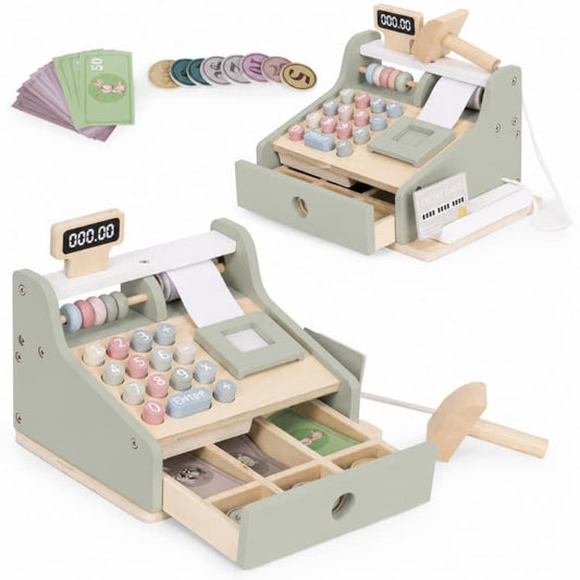 Green Wooden Pretend Play Cash Register Toy with Play Money & Scanner