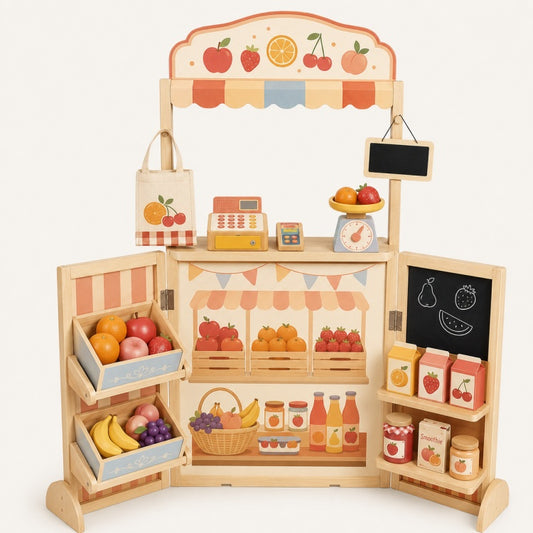 Kids Grocery Shop Stand Wooden Fruit Market Stall Pretend Play Set