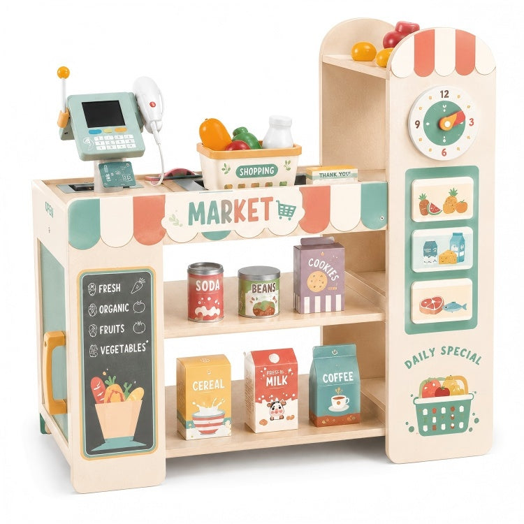 Wooden Grocery Store Playset for Kids – Supermarket Checkout Counter with Cash Register