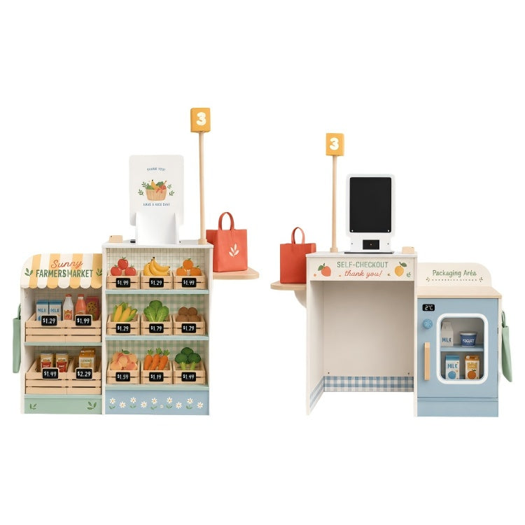 Wooden Supermarket Playset for Kids – Farmers Market with Self Checkout & Grocery Shelves