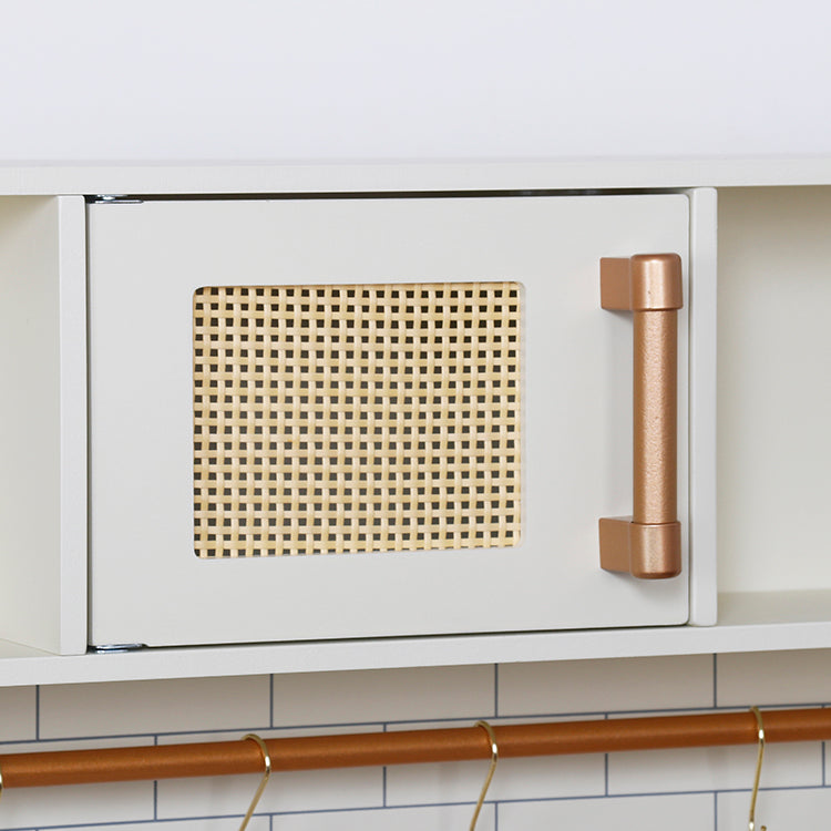 Custom Montessori Vintage Wooden Play Kitchen with Rattan & Gold Accents