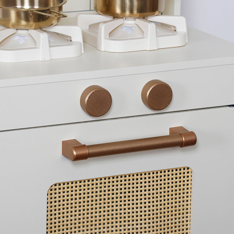 Custom Montessori Vintage Wooden Play Kitchen with Rattan & Gold Accents