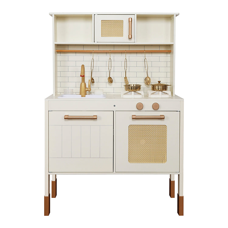 Custom Montessori Vintage Wooden Play Kitchen with Rattan & Gold Accents