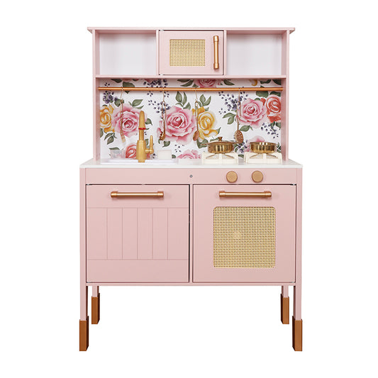 Montessori Vintage Floral Wooden Kitchen Toy | Pink Toddler Pretend Play Chef
