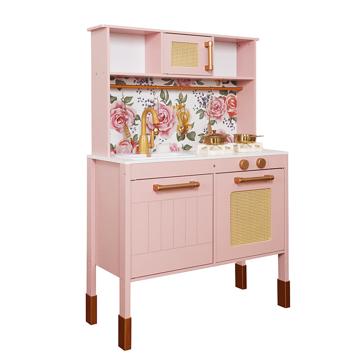 Montessori Vintage Floral Wooden Kitchen Toy | Pink Toddler Pretend Play Chef