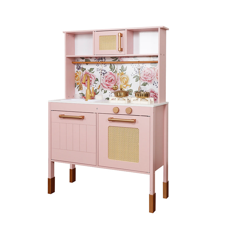 Montessori Vintage Floral Wooden Kitchen Toy | Pink Toddler Pretend Play Chef