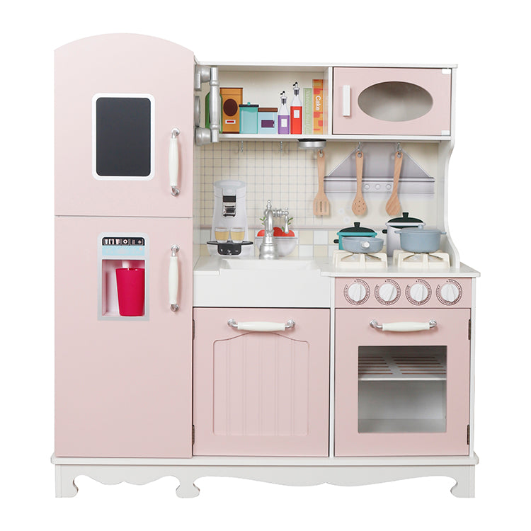 Montessori Pink Wooden Play Kitchen with Fridge & Oven | Toddler Pretend Play Set