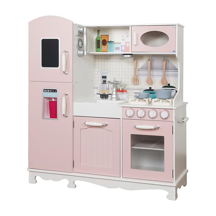 Montessori Pink Wooden Play Kitchen with Fridge & Oven | Toddler Pretend Play Set
