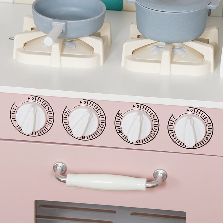 Montessori Pink Wooden Play Kitchen with Fridge & Oven | Toddler Pretend Play Set