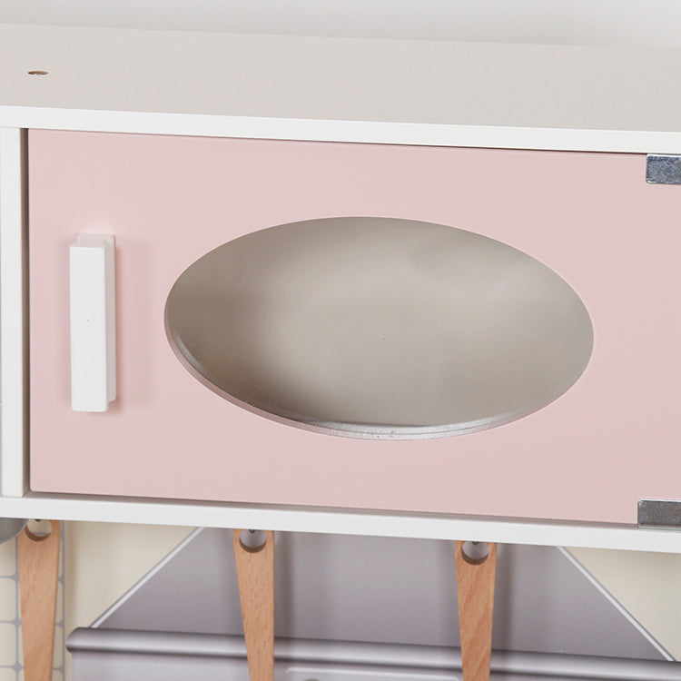 Montessori Pink Wooden Play Kitchen with Fridge & Oven | Toddler Pretend Play Set