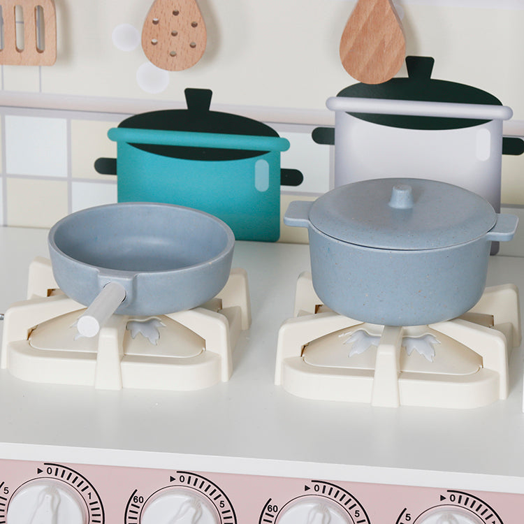 Montessori Pink Wooden Play Kitchen with Fridge & Oven | Toddler Pretend Play Set
