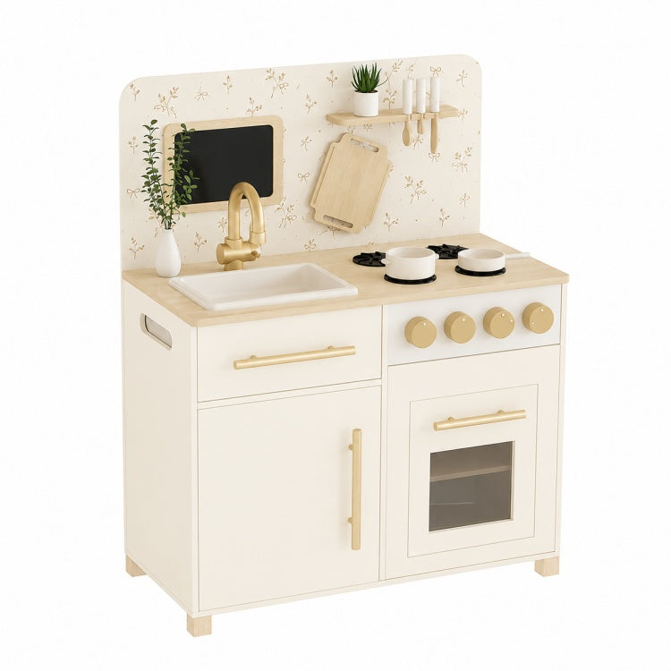 Cream Gold Minimalist Wooden Play Kitchen Set