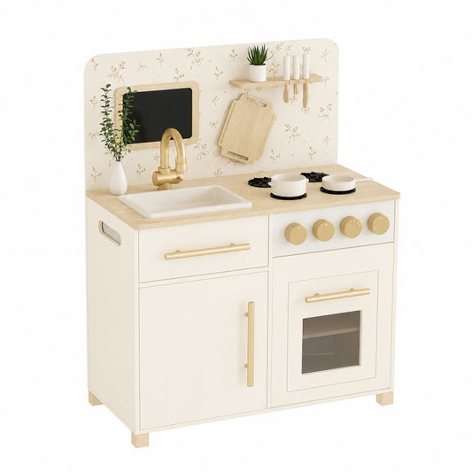 Cream Gold Minimalist Wooden Play Kitchen Set