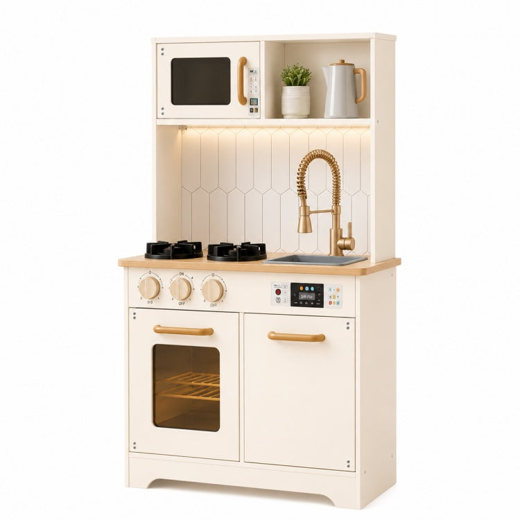 Gold Wooden Play Kitchen with Microwave & Light Backsplash