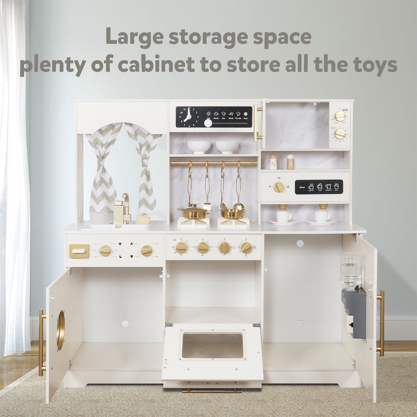 Large White Wooden Play Kitchen Set Sink with Running Water, Stove with Light&Sound