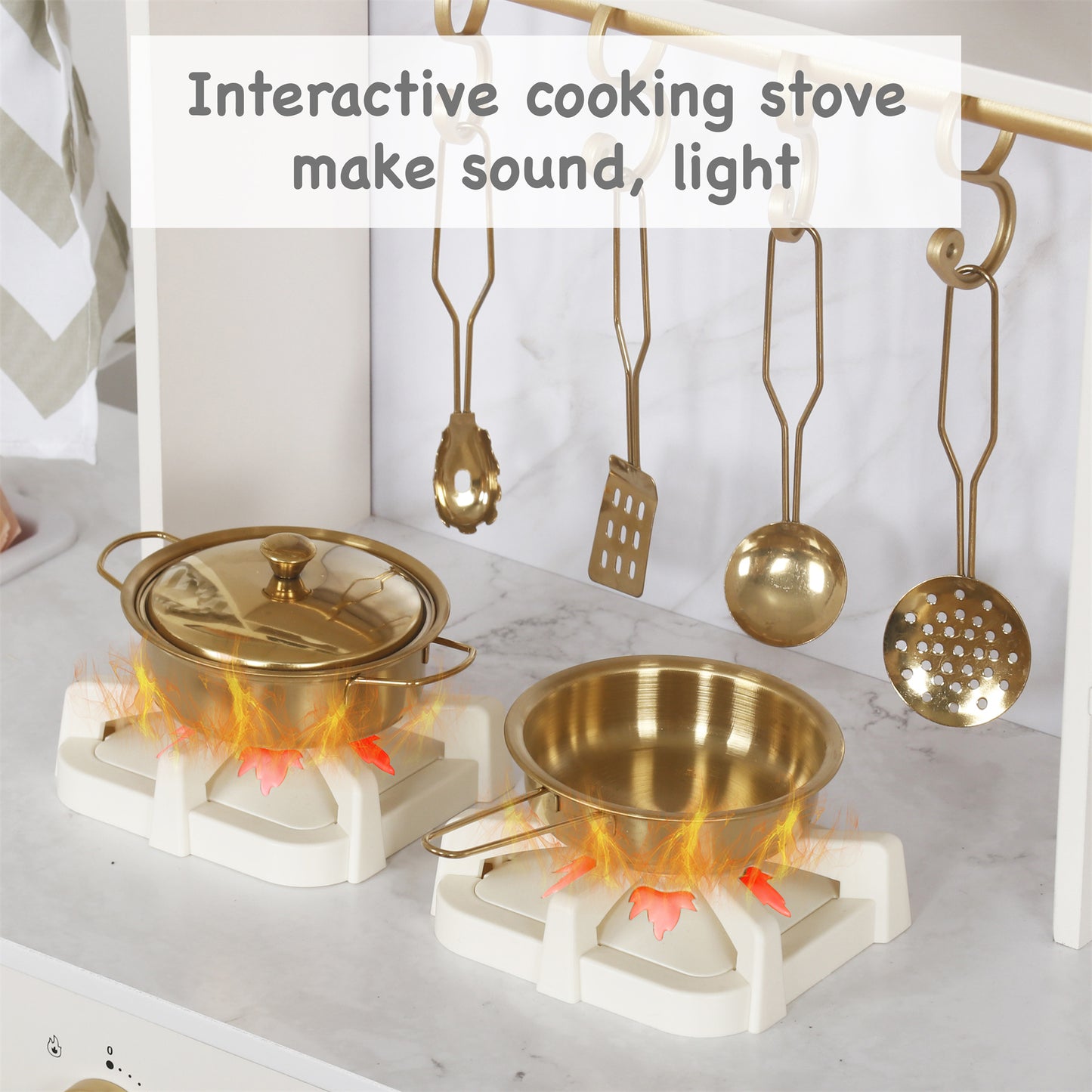 Large White Wooden Play Kitchen Set Sink with Running Water, Stove with Light&Sound