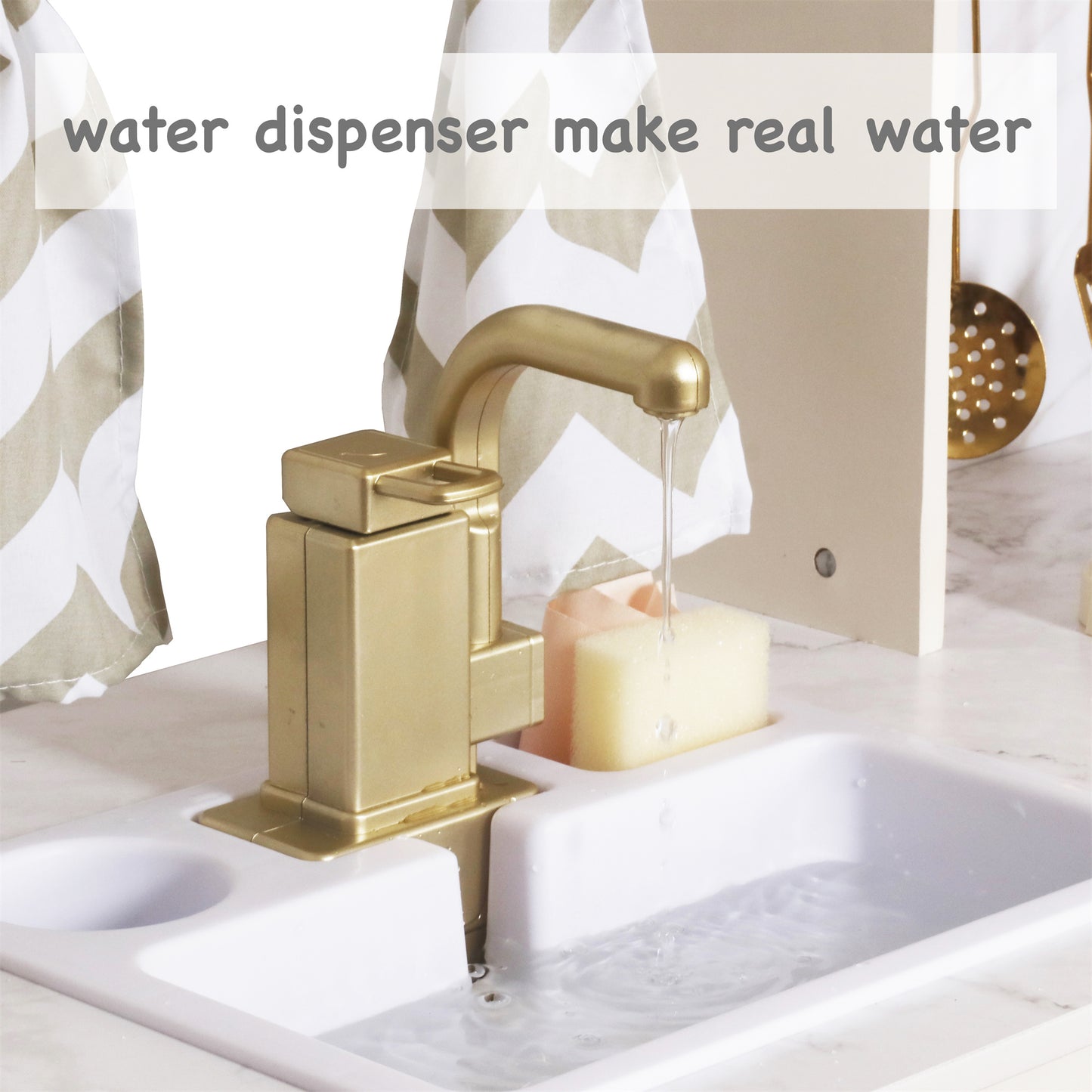 Large White Wooden Play Kitchen Set Sink with Running Water, Stove with Light&Sound
