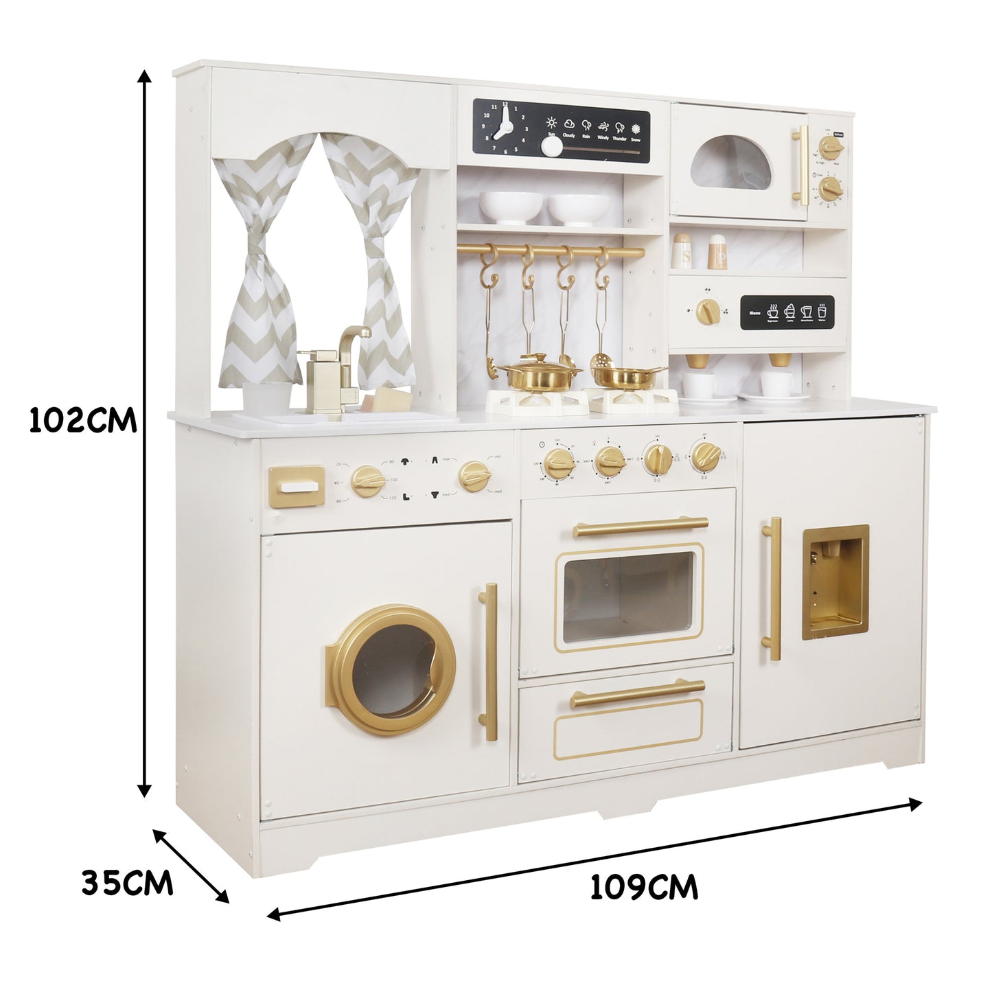Large White Wooden Play Kitchen Set Sink with Running Water, Stove with Light&Sound