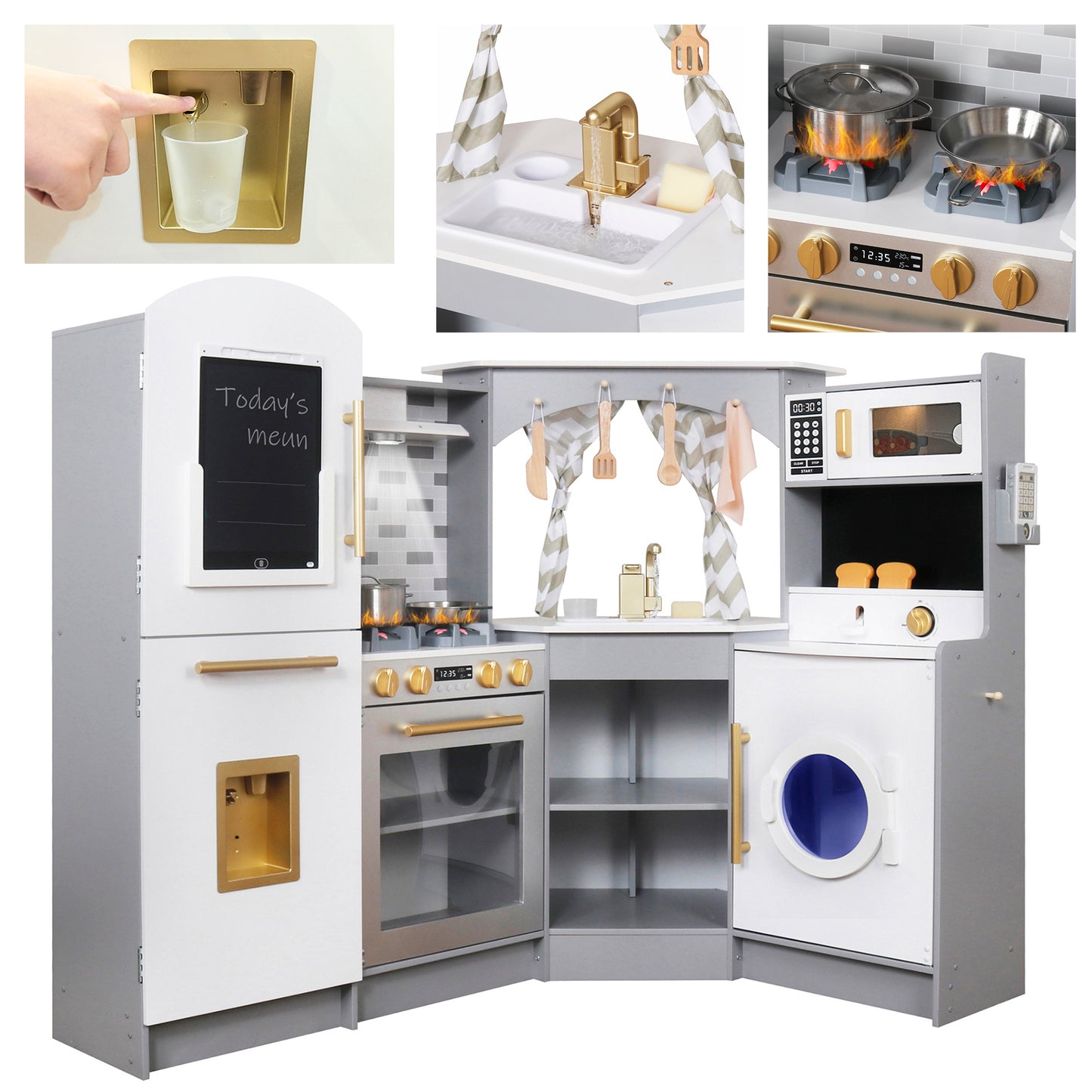 Large Electronic Wooden Corner Play Kitchen with Running Water,Stove with Light&Sounds