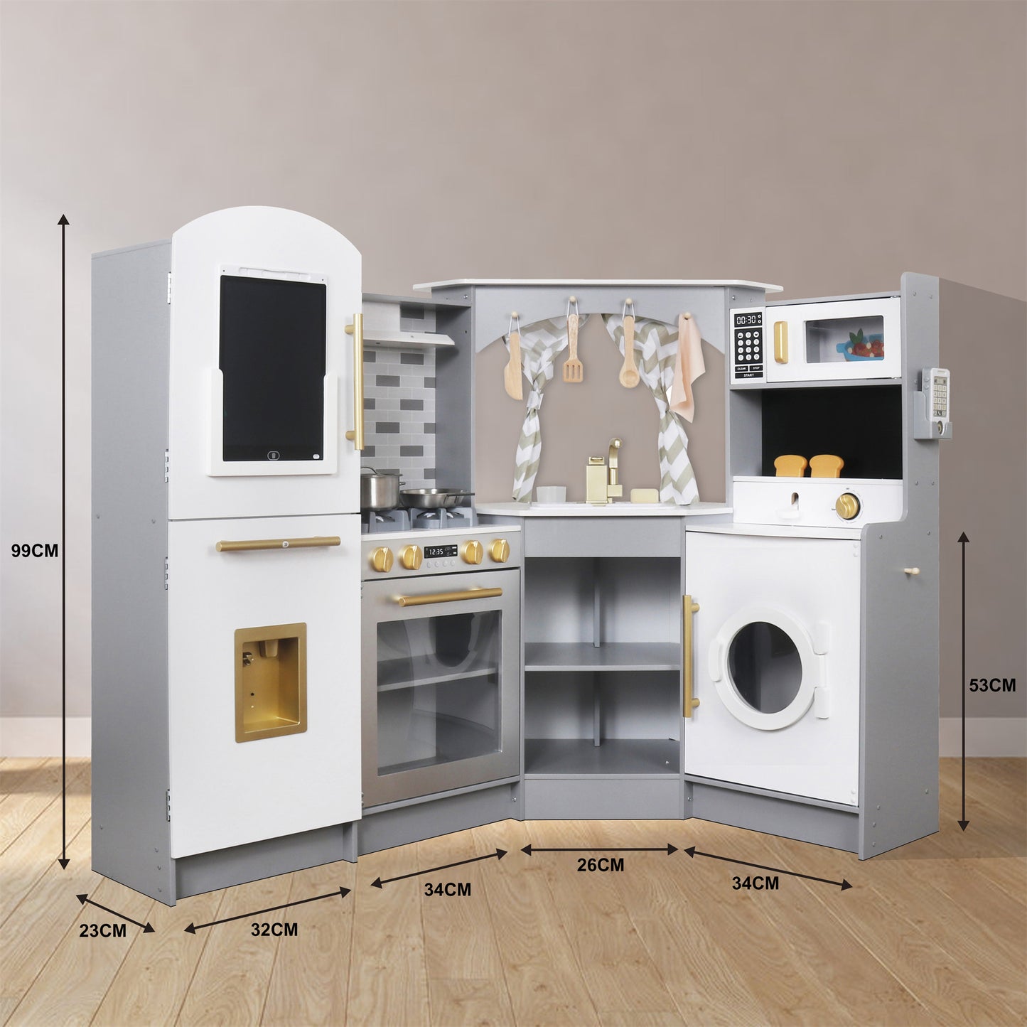 Large Electronic Wooden Corner Play Kitchen with Running Water,Stove with Light&Sounds