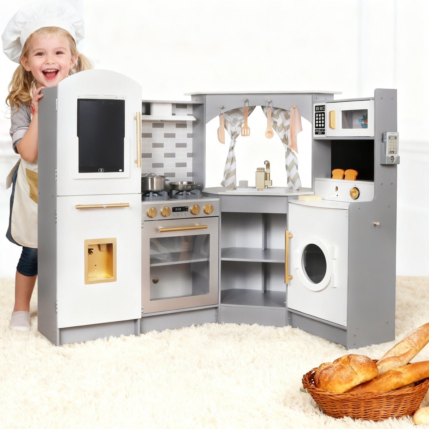 Large Electronic Wooden Corner Play Kitchen with Running Water,Stove with Light&Sounds