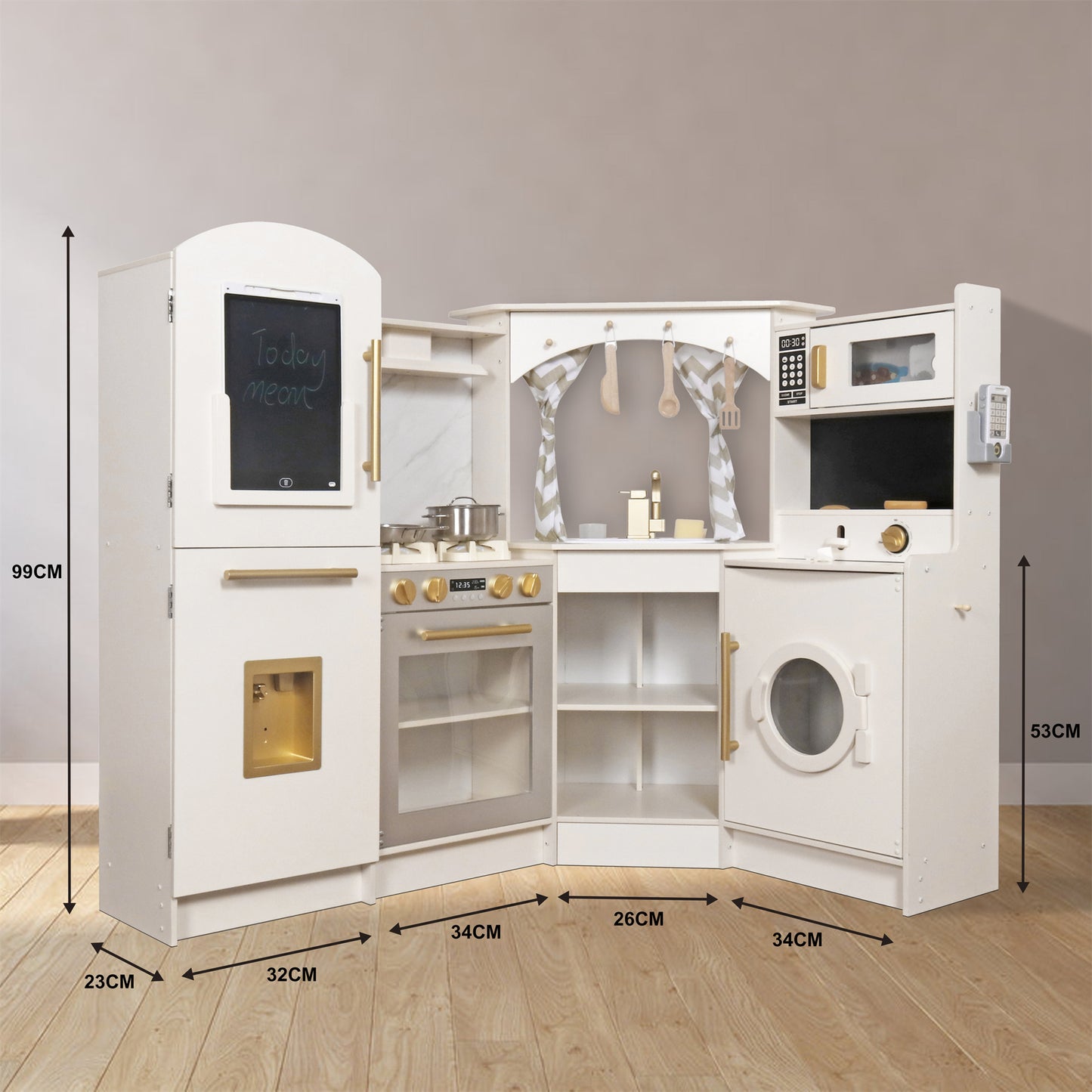 Large White Wooden Corner Play Kitchen Sets with Running Water,Stove with Light&Sounds