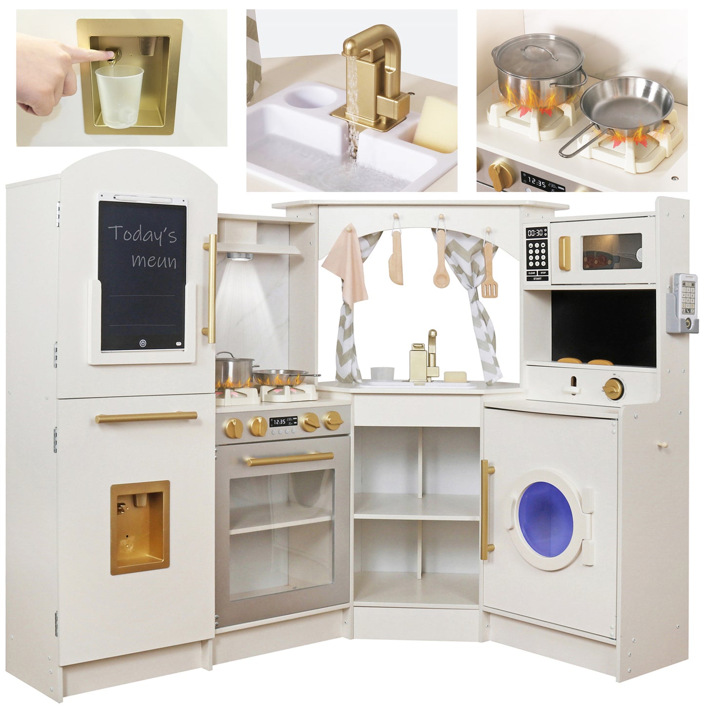 Large White Wooden Corner Play Kitchen Sets with Running Water,Stove with Light&Sounds