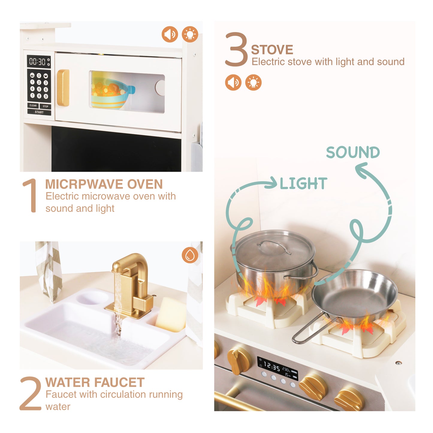 Large White Wooden Corner Play Kitchen Sets with Running Water,Stove with Light&Sounds