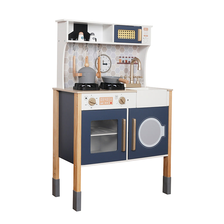 Modern Blue Wooden Play Kitchen Kids Pretend Cooking Set