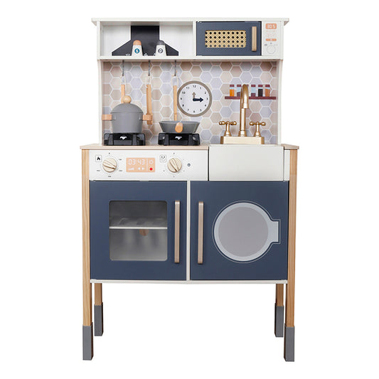 Modern Blue Wooden Play Kitchen Kids Pretend Cooking Set