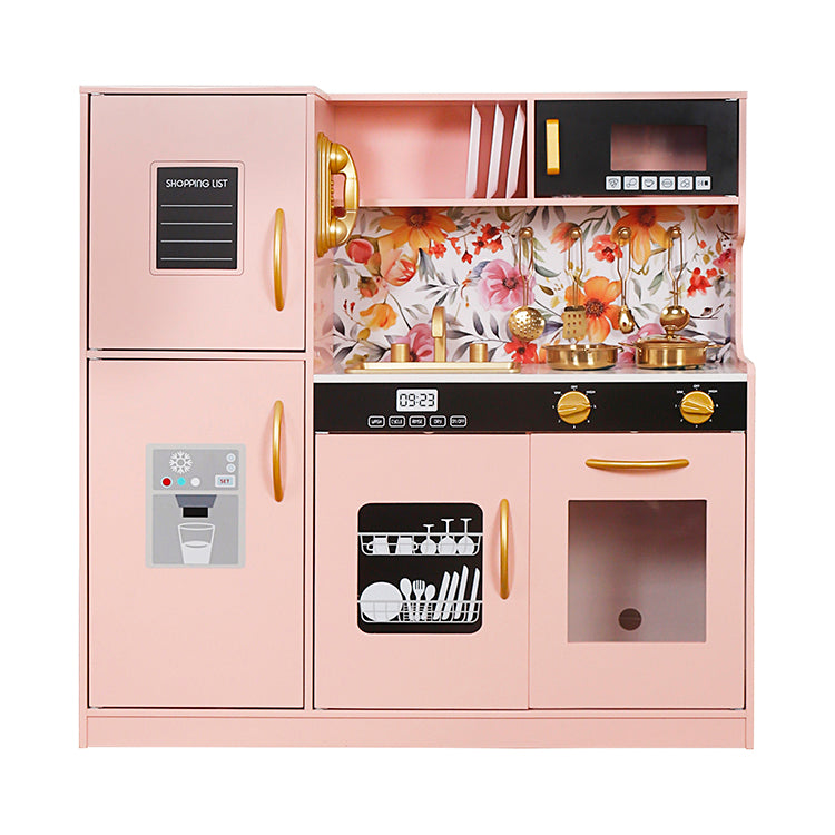 Pink Floral Wooden Kitchen Toy with Fridge & Microwave for Kids